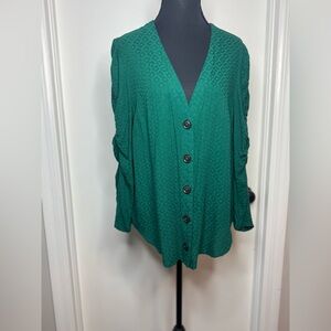 Maeve by Anthropologie Rhombus Button Up Ruched Sleeves Women Blouse Size 14